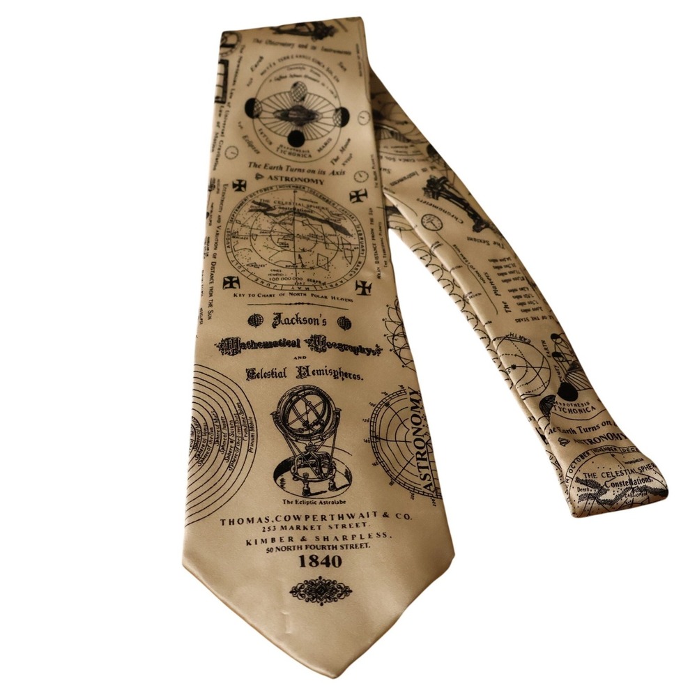 Museum Artifacts Astronomy Celestial Map Necktie Mens Silk Cream Vintage 90s